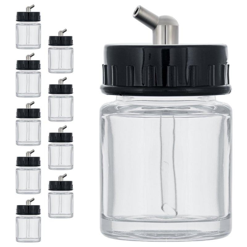 Master Airbrush (Pack of 10) TB-003 Empty 3/4 Ounce (22cc) Glass Jar Bottles with 60Â° Down Angle Adaptor Lid Assembly - Fits Single-Action Siphon Feed Airbrushes, Use with Master Badger Paasche, Iwata - Image 1